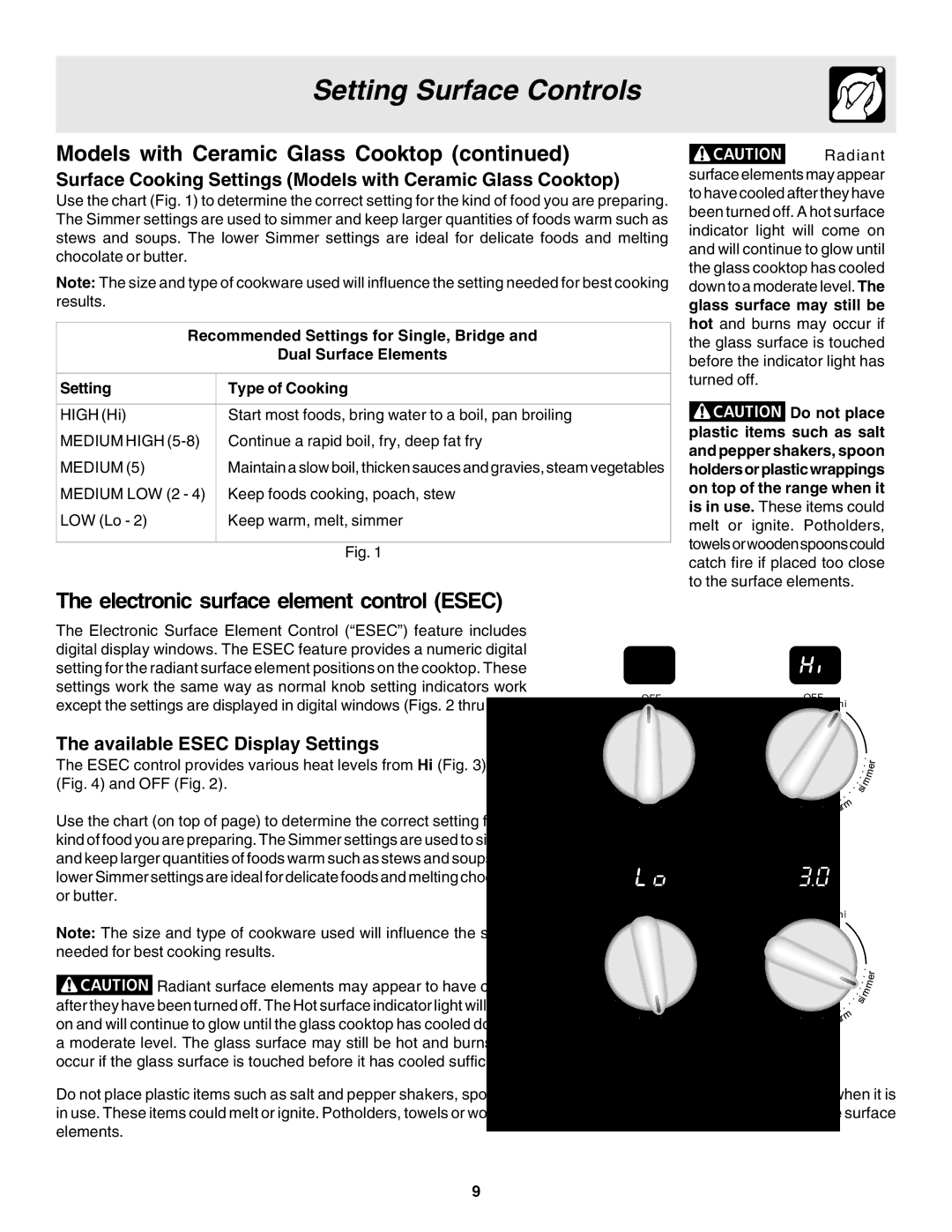 Frigidaire 318203860 Electronic surface element control Esec, Surface Cooking Settings Models with Ceramic Glass Cooktop 