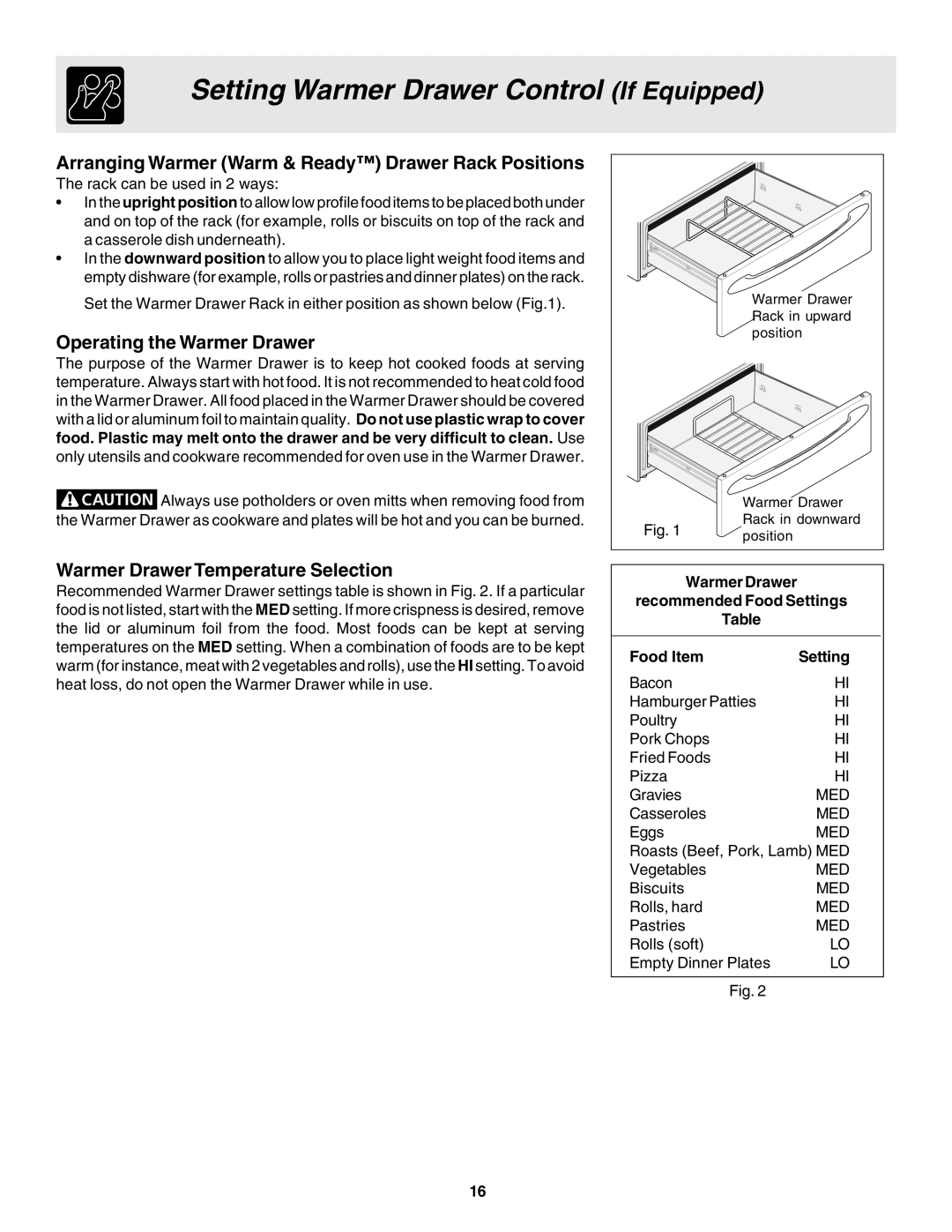 Frigidaire 318203860 warranty Setting Warmer Drawer Control If Equipped, Operating the Warmer Drawer, Food Item 