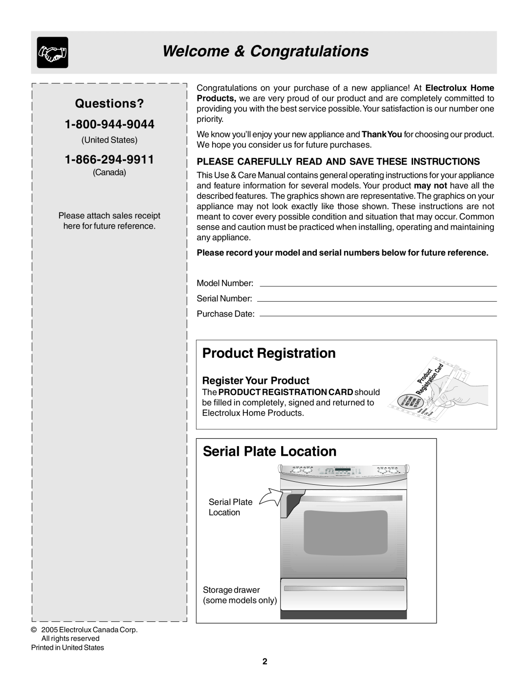 Frigidaire 318203860 Welcome & Congratulations, Product Registration, Serial Plate Location, Questions? 1-800-944-9044 