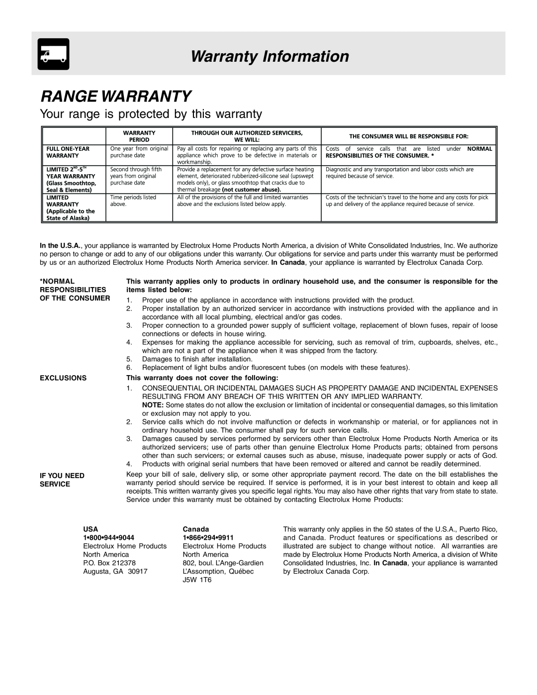 Frigidaire 318203860 Warranty Information, Range Warranty, Your range is protected by this warranty, Canada 