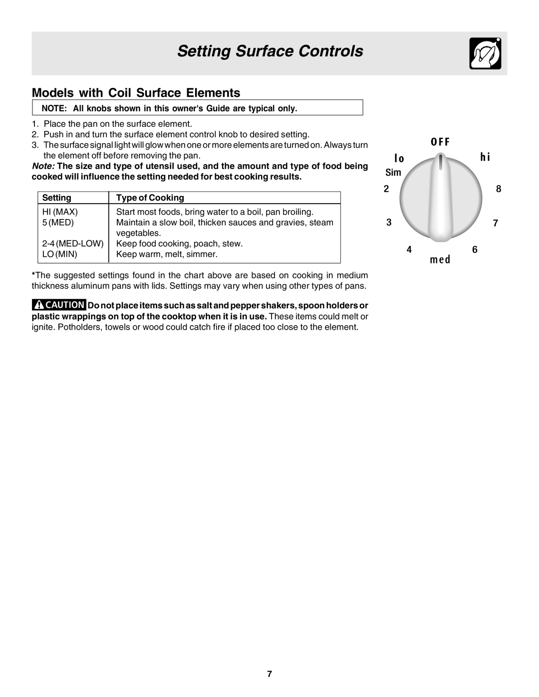 Frigidaire 318203860 warranty Setting Surface Controls, Models with Coil Surface Elements, Type of Cooking 
