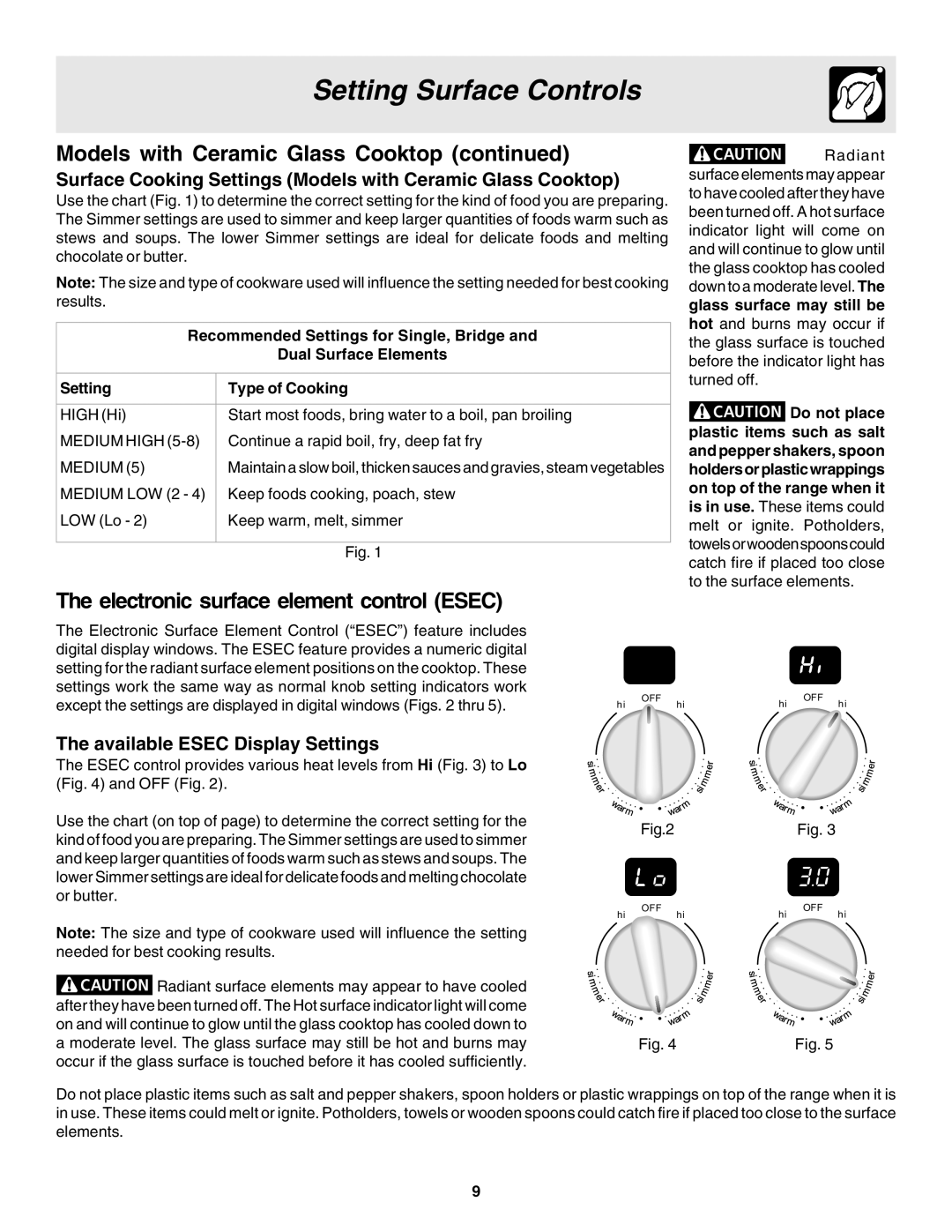 Frigidaire 318203860 Models with Ceramic Glass Cooktop continued, The electronic surface element control ESEC, Setting 