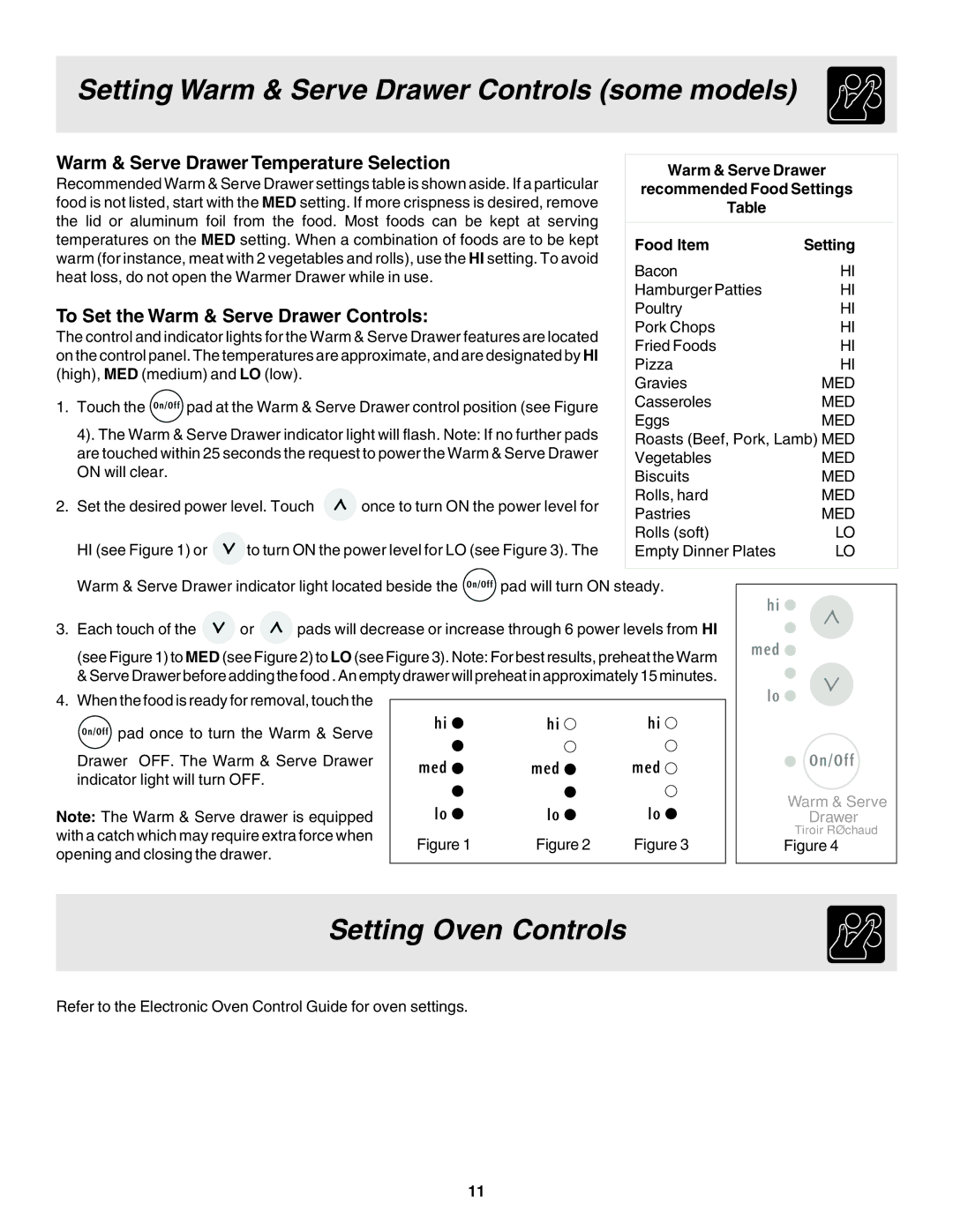 Frigidaire 318203863 warranty Setting Oven Controls, Warm & Serve Drawer Temperature Selection, Food Item 