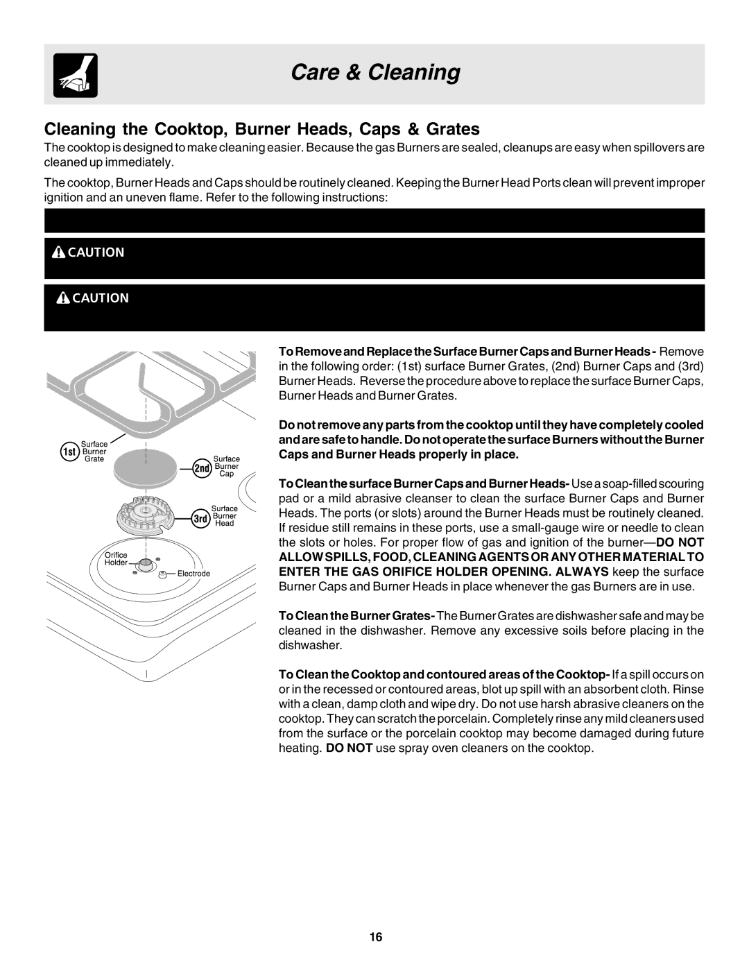 Frigidaire 318203863 warranty Cleaning the Cooktop, Burner Heads, Caps & Grates 