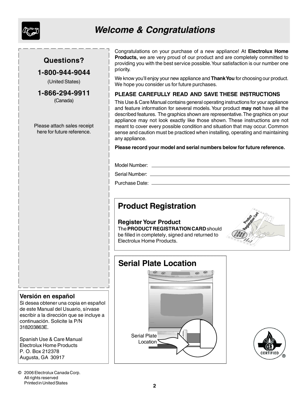 Frigidaire 318203863 warranty Welcome & Congratulations, Questions?, Versión en español, Register Your Product 