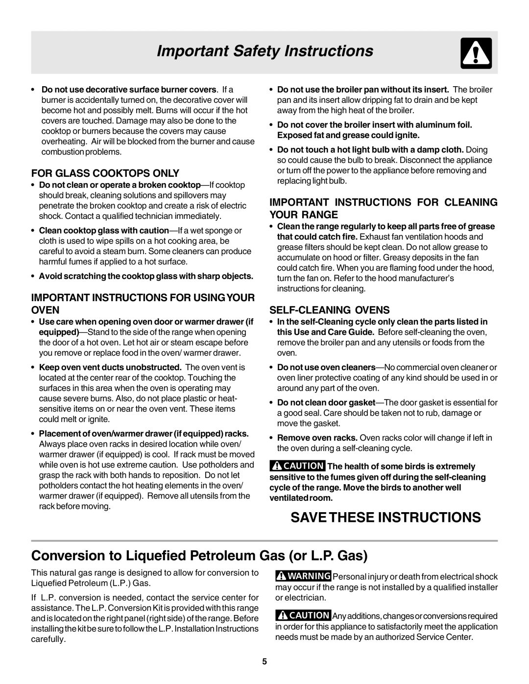 Frigidaire 318203863 warranty Conversion to Liquefied Petroleum Gas or L.P. Gas 