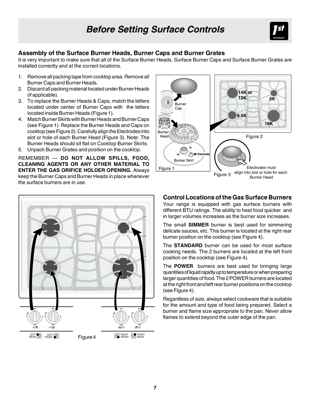 Frigidaire 318203863 Before Setting Surface Controls, Control Locations of the Gas Surface Burners, 14K or 12K 5K 5K 16K 