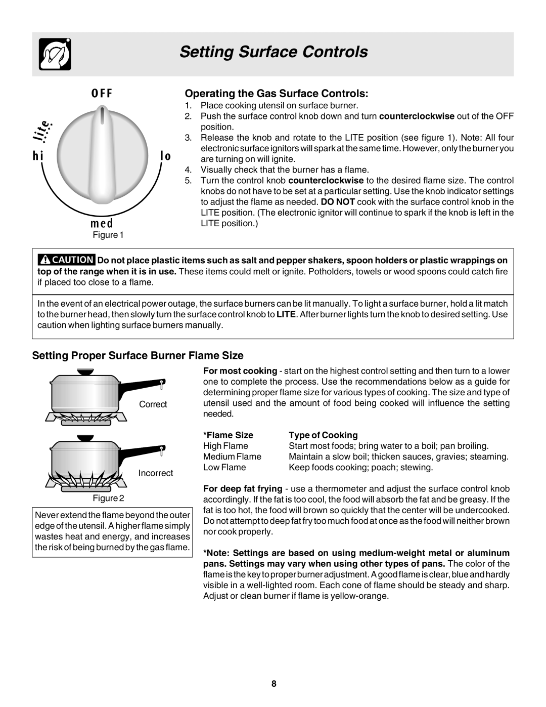 Frigidaire 318203863 warranty Setting Surface Controls, Operating the Gas Surface Controls, Flame Size Type of Cooking 