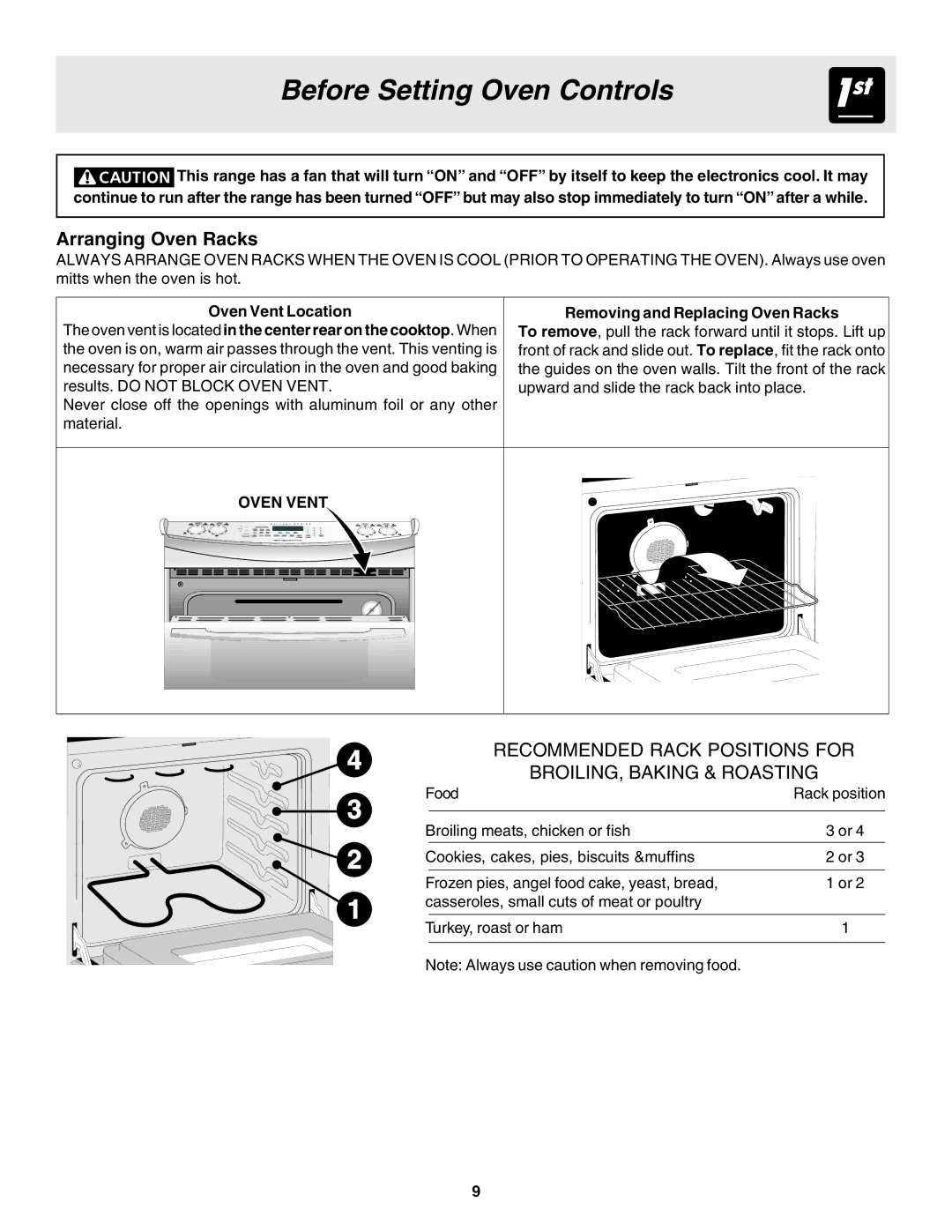 Frigidaire 318203863 Before Setting Oven Controls, Arranging Oven Racks, Removing and Replacing Oven Racks, Oven Vent 