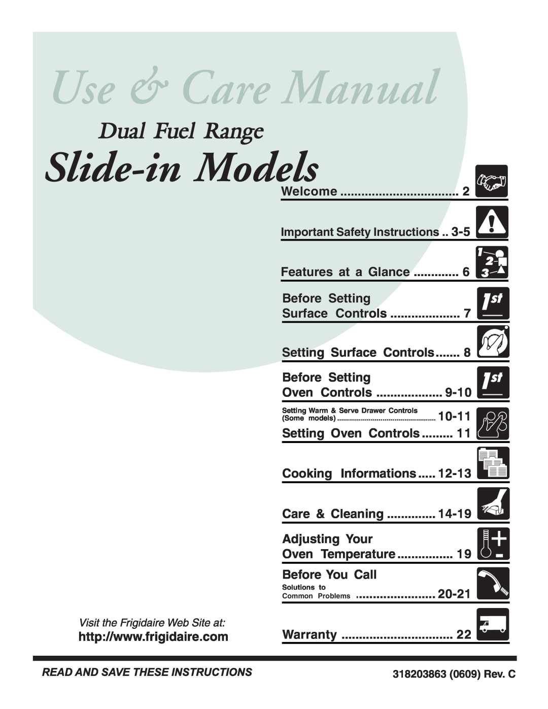 Frigidaire 318203863 warranty Slide-inModels, Dual Fuel Range 