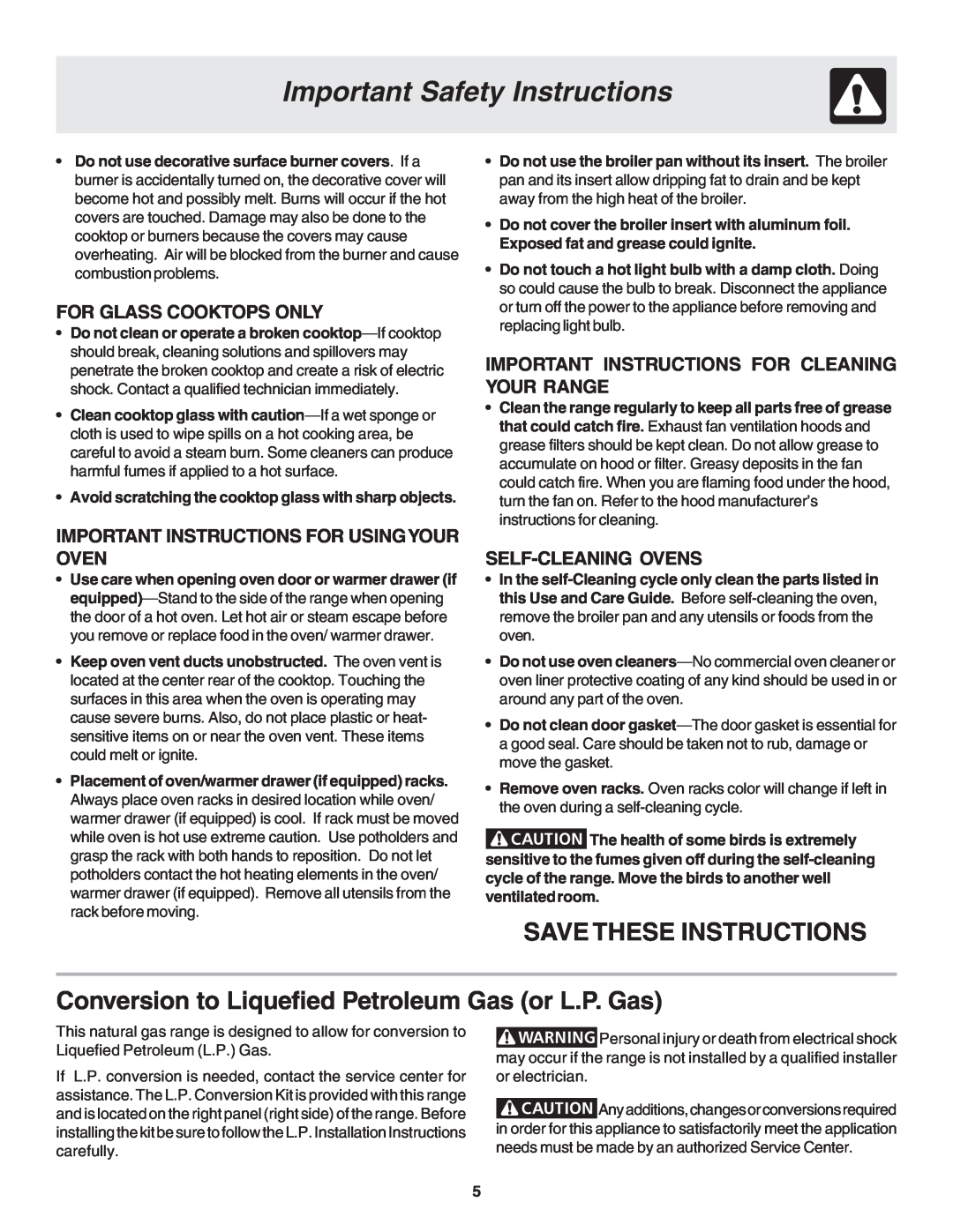 Frigidaire 318203863 Save These Instructions, Conversion to Liquefied Petroleum Gas or L.P. Gas, For Glass Cooktops Only 
