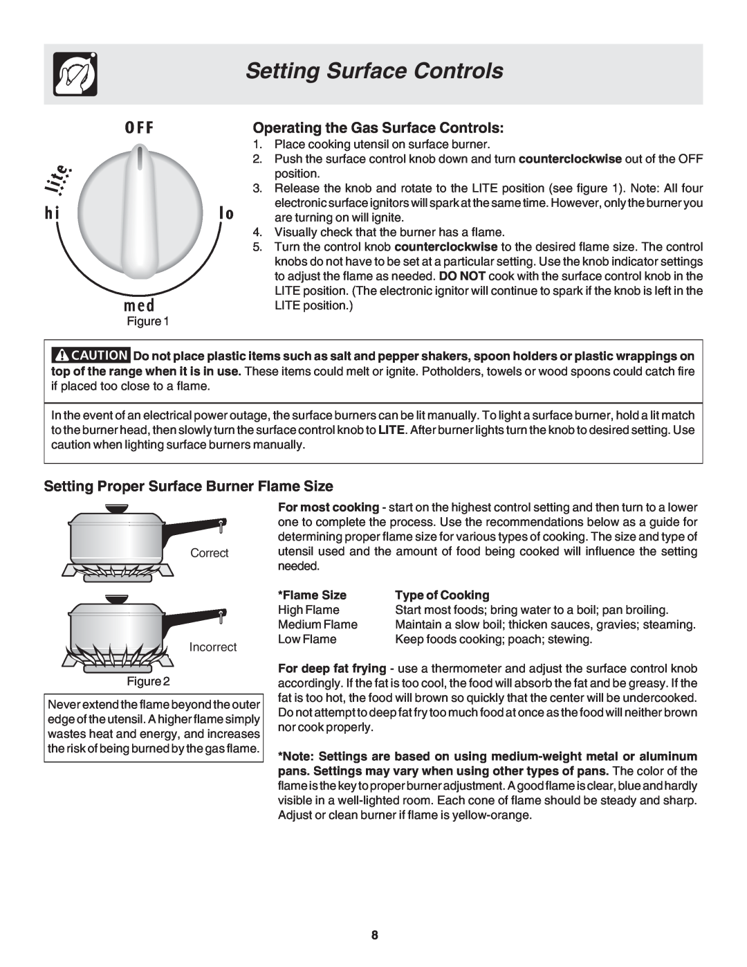 Frigidaire 318203863 warranty Setting Surface Controls, Operating the Gas Surface Controls 