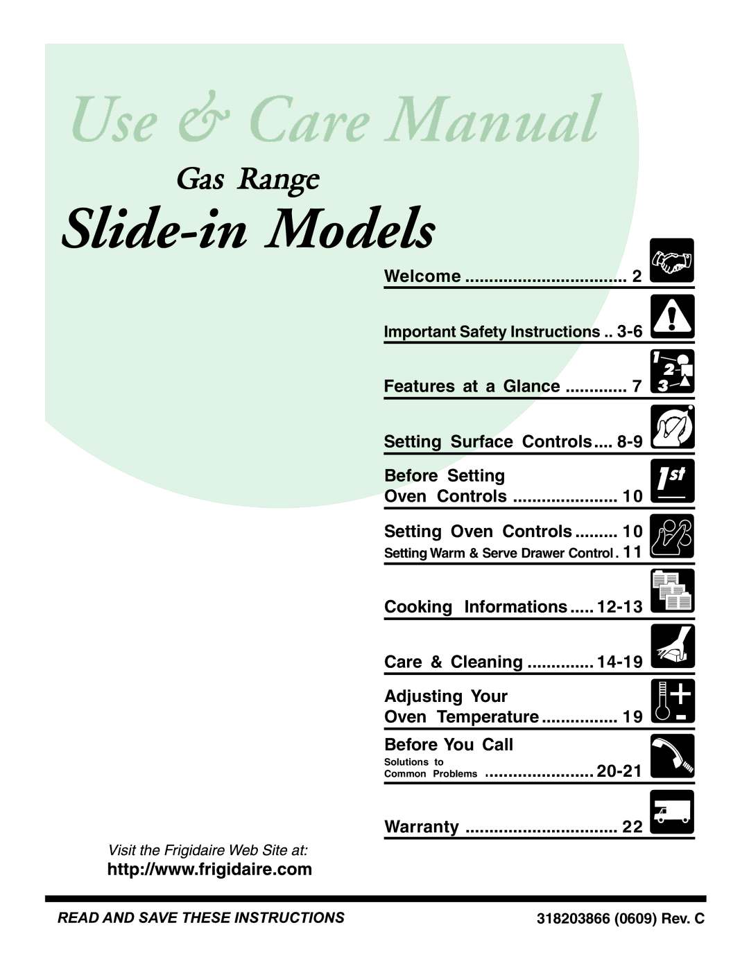 Frigidaire warranty Welcome, Before Setting, Before You Call, 20-21, Warranty 318203866 0609 Rev. C 