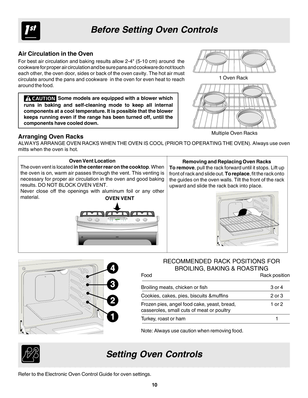 Frigidaire 318203866 warranty Before Setting Oven Controls, Air Circulation in the Oven, Arranging Oven Racks 