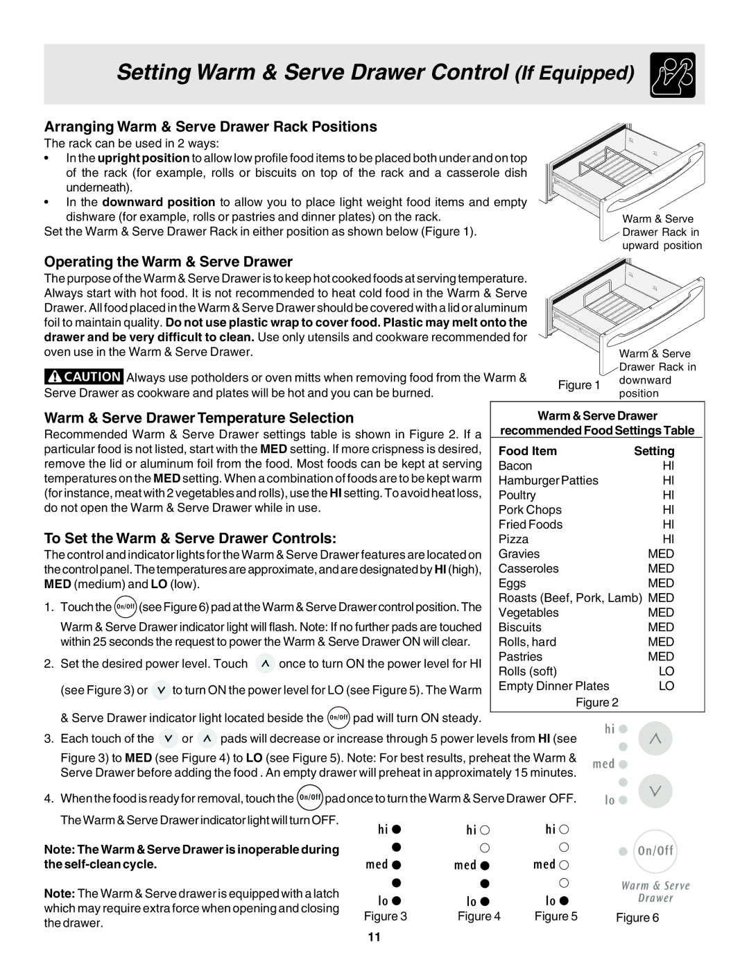 Frigidaire 318203866 warranty Setting Warm & Serve Drawer Control If Equipped, Arranging Warm & Serve Drawer Rack Positions 