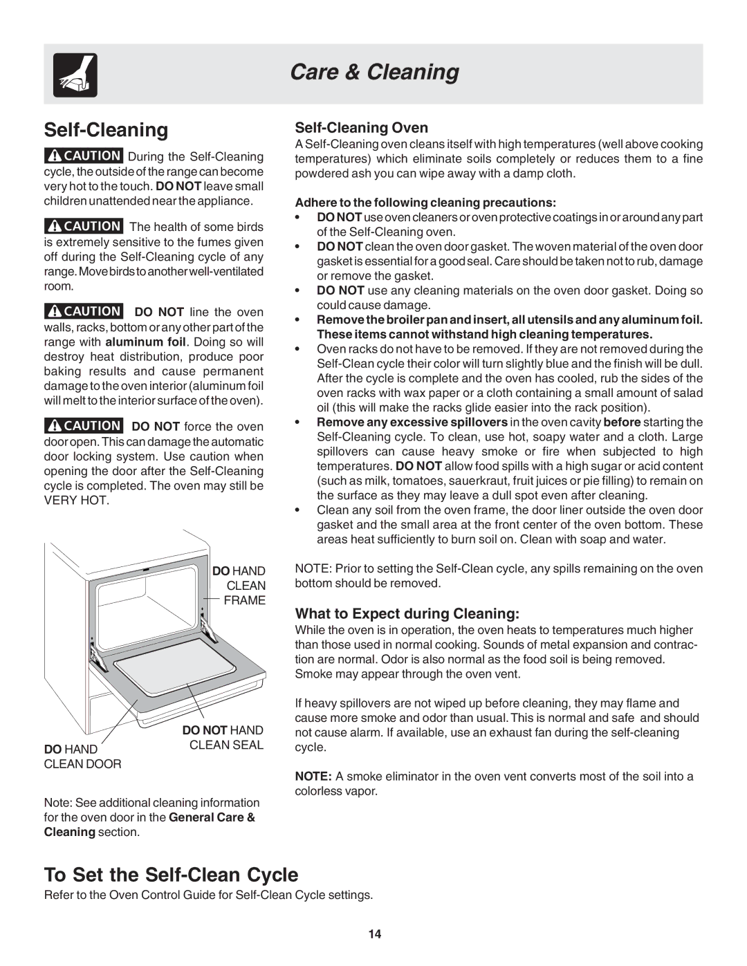 Frigidaire 318203866 Care & Cleaning, To Set the Self-Clean Cycle, Self-Cleaning Oven, What to Expect during Cleaning 