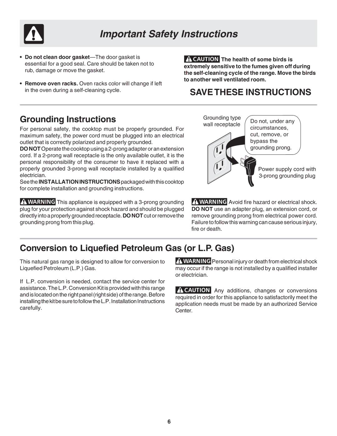 Frigidaire 318203866 warranty Grounding Instructions, Conversion to Liquefied Petroleum Gas or L.P. Gas 