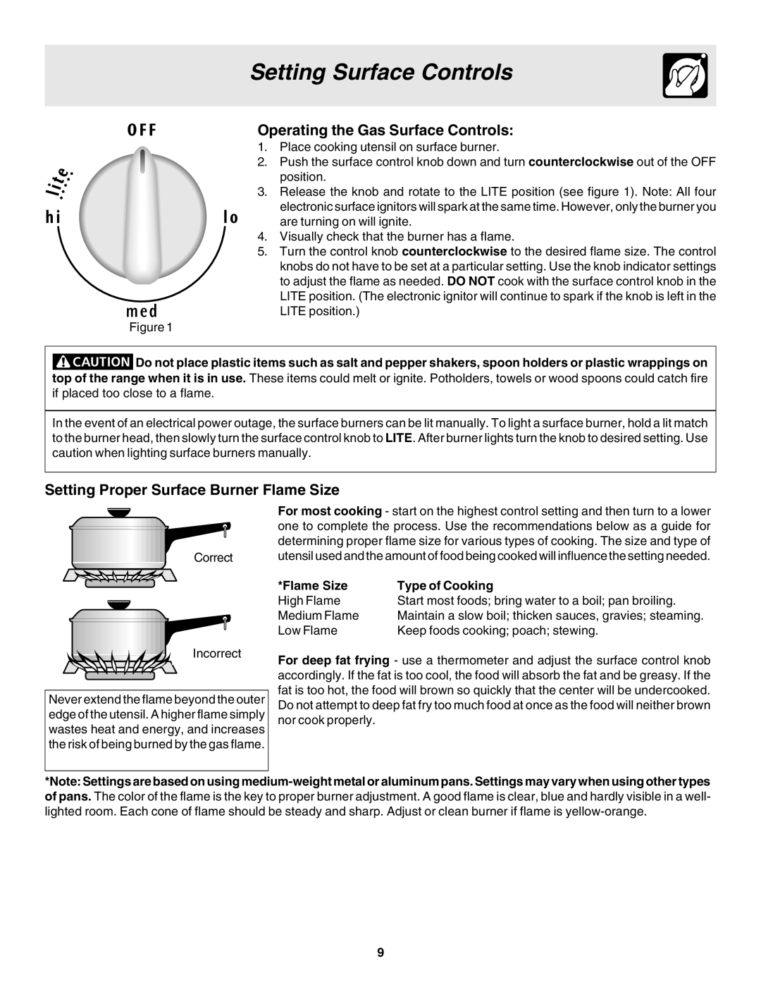 Frigidaire 318203866 warranty Operating the Gas Surface Controls, Setting Proper Surface Burner Flame Size 