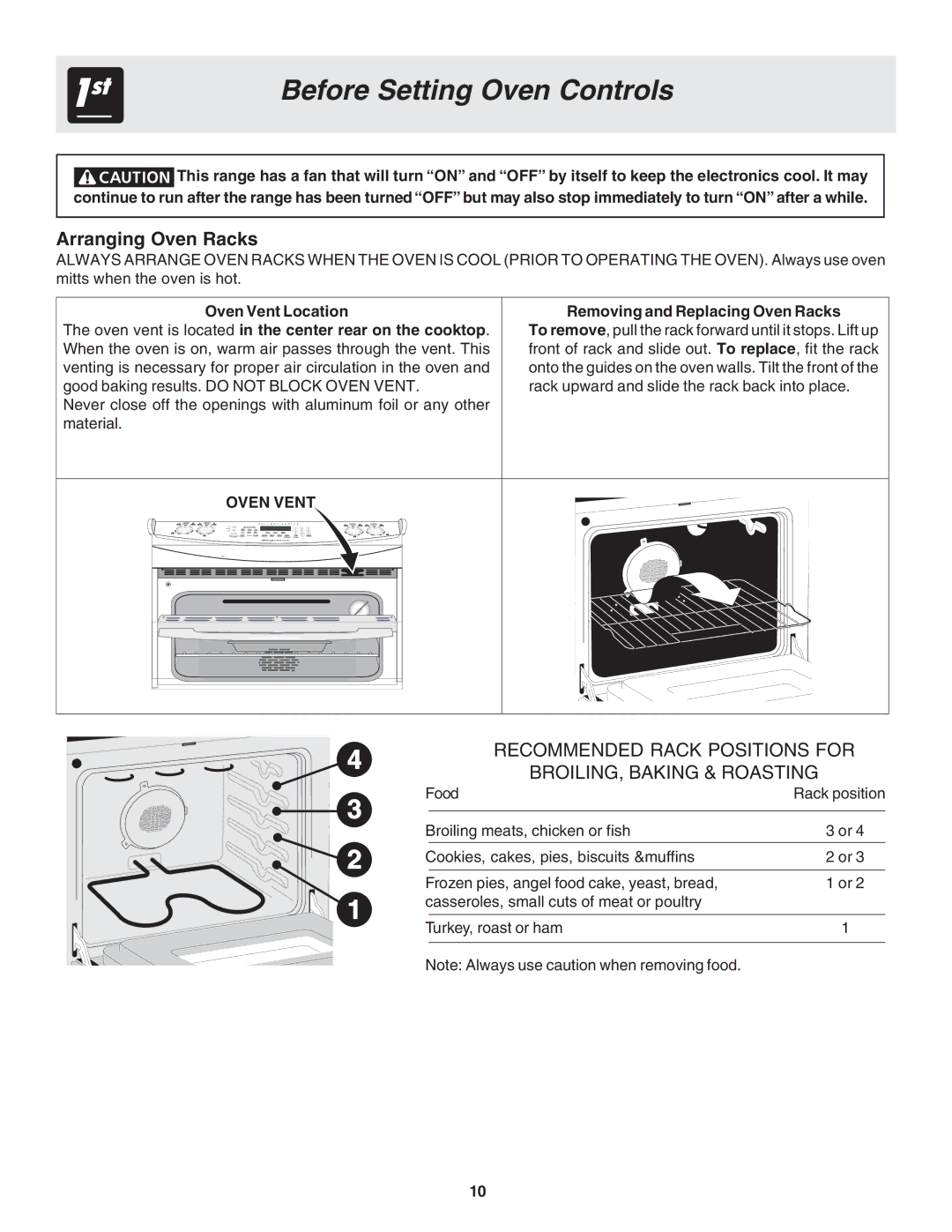 Frigidaire 318203870 Before Setting Oven Controls, Arranging Oven Racks, Removing and Replacing Oven Racks, Oven Vent 