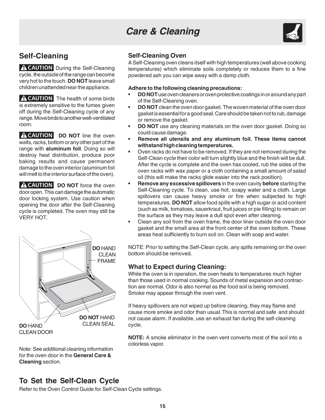 Frigidaire 318203870 Care & Cleaning, To Set the Self-Clean Cycle, Self-Cleaning Oven, What to Expect during Cleaning 