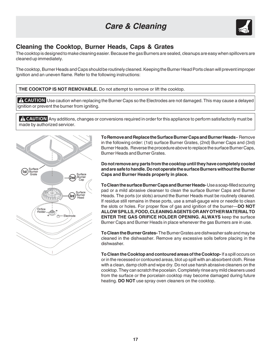 Frigidaire 318203870 warranty Cleaning the Cooktop, Burner Heads, Caps & Grates 