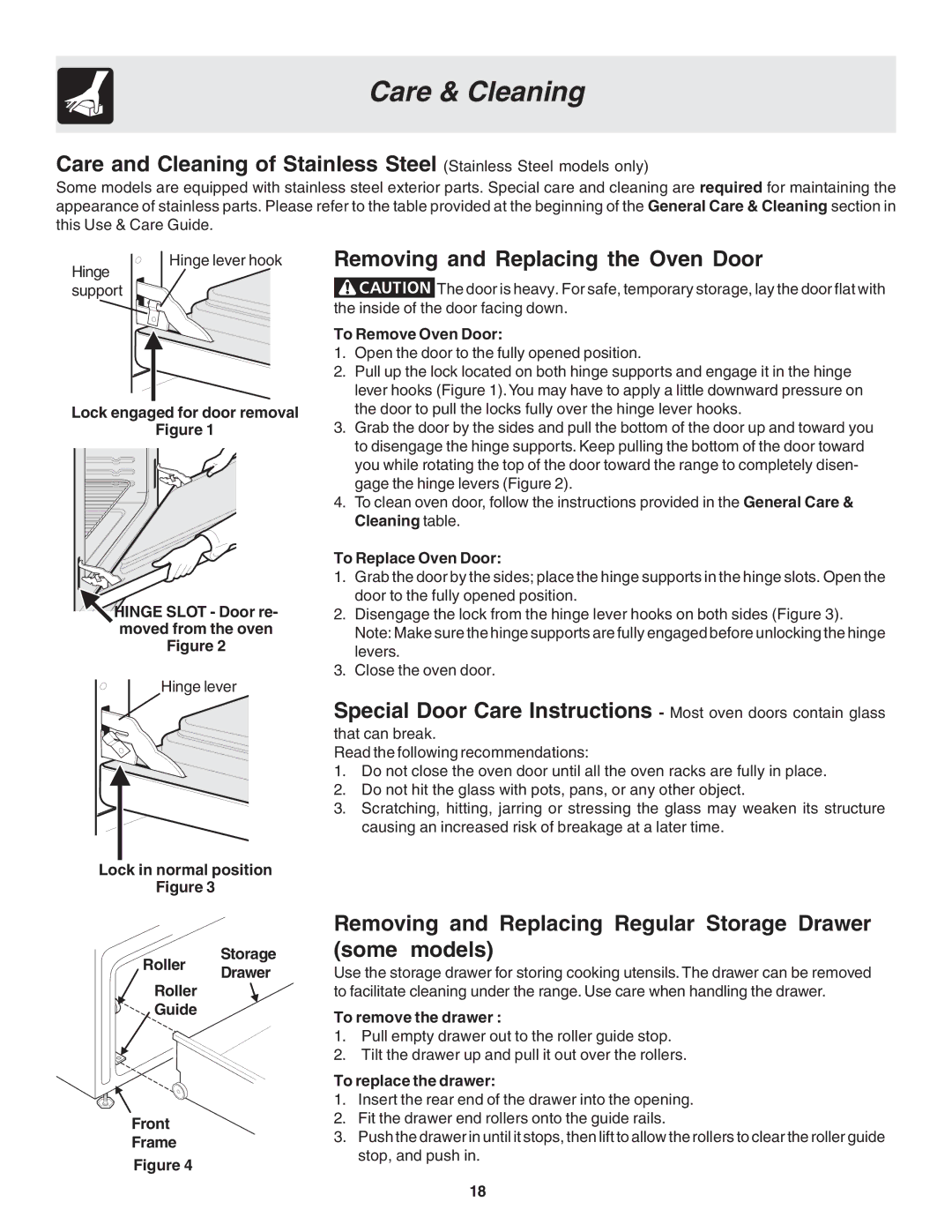 Frigidaire 318203870 Removing and Replacing the Oven Door, Removing and Replacing Regular Storage Drawer some models 