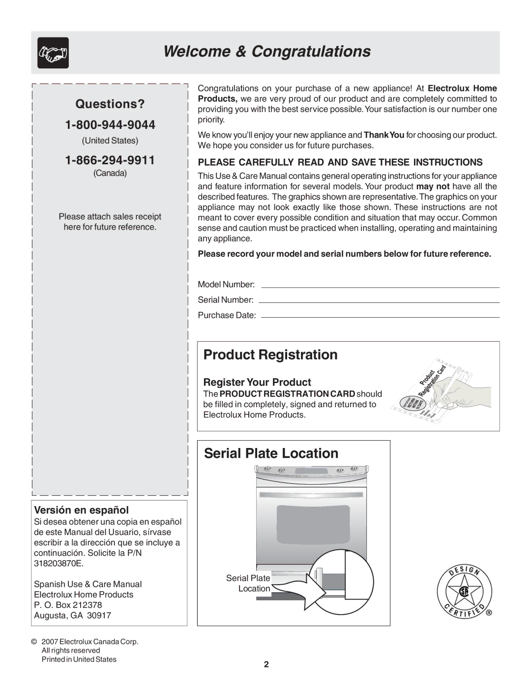 Frigidaire 318203870 warranty Welcome & Congratulations, Questions?, Versión en español, Register Your Product 