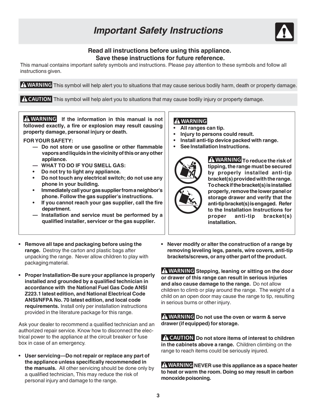 Frigidaire 318203870 warranty Important Safety Instructions, For Your Safety, What to do if YOU Smell GAS 