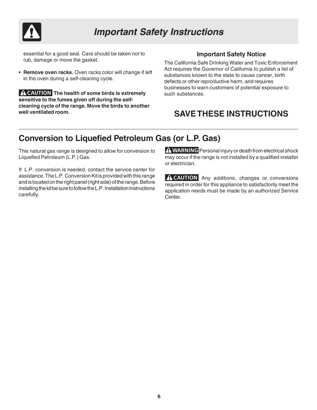 Frigidaire 318203870 warranty Conversion to Liquefied Petroleum Gas or L.P. Gas, Important Safety Notice 