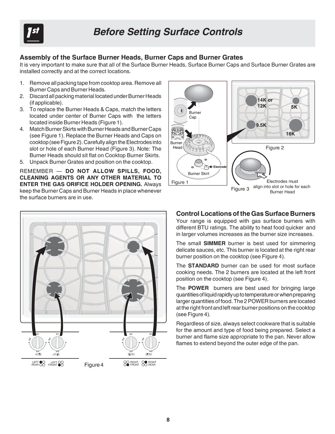 Frigidaire 318203870 warranty Before Setting Surface Controls, Control Locations of the Gas Surface Burners, 14K or 12K 