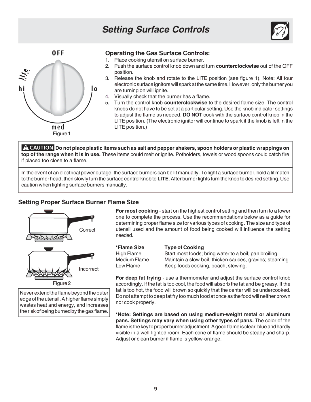 Frigidaire 318203870 warranty Setting Surface Controls, Operating the Gas Surface Controls, Flame Size Type of Cooking 