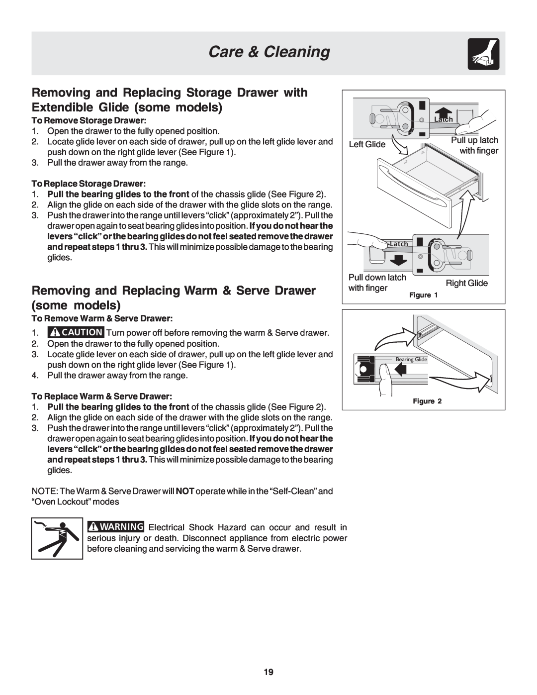 Frigidaire 318203870 Removing and Replacing Warm & Serve Drawer some models, To Remove Storage Drawer, Care & Cleaning 