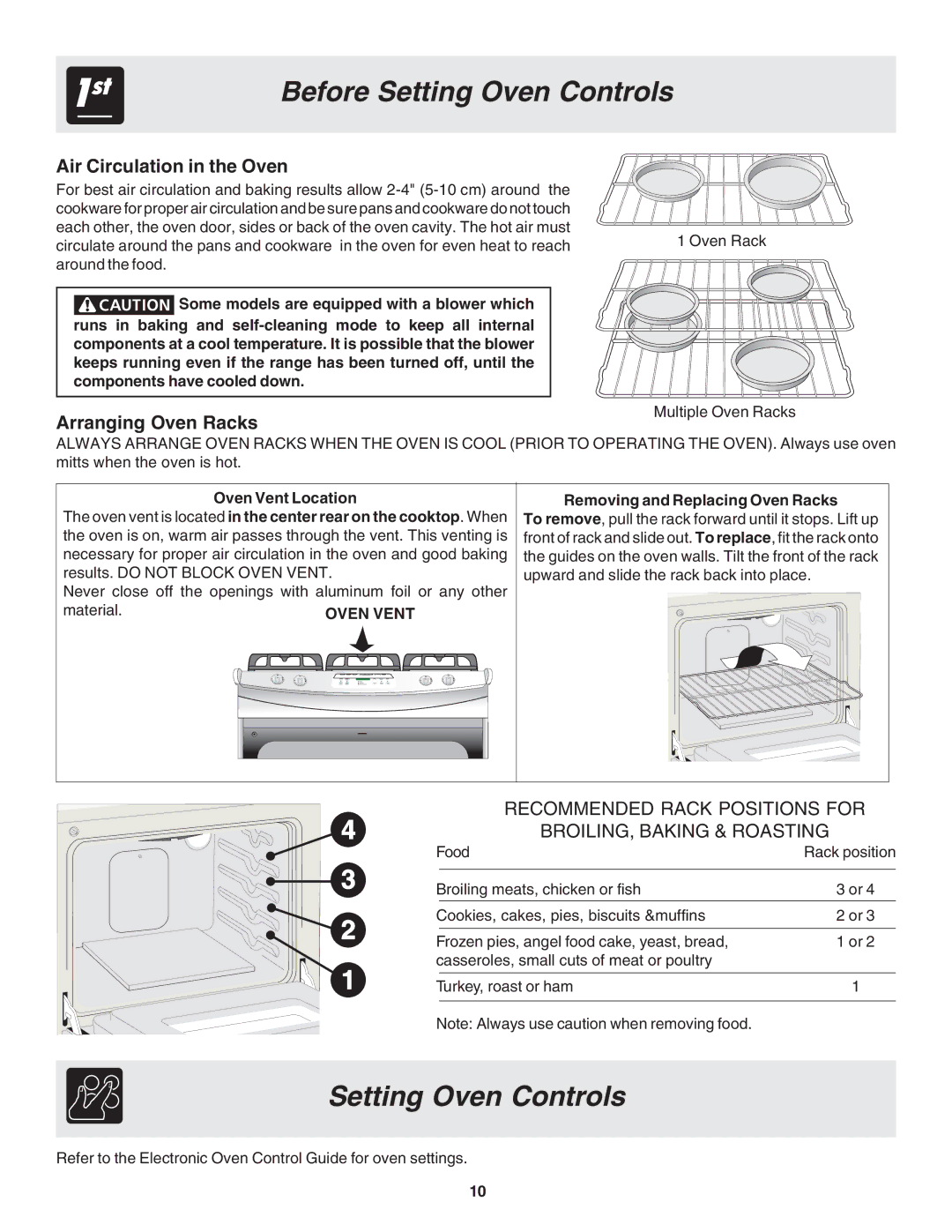 Frigidaire 318203873 manual Before Setting Oven Controls, Air Circulation in the Oven, Arranging Oven Racks 