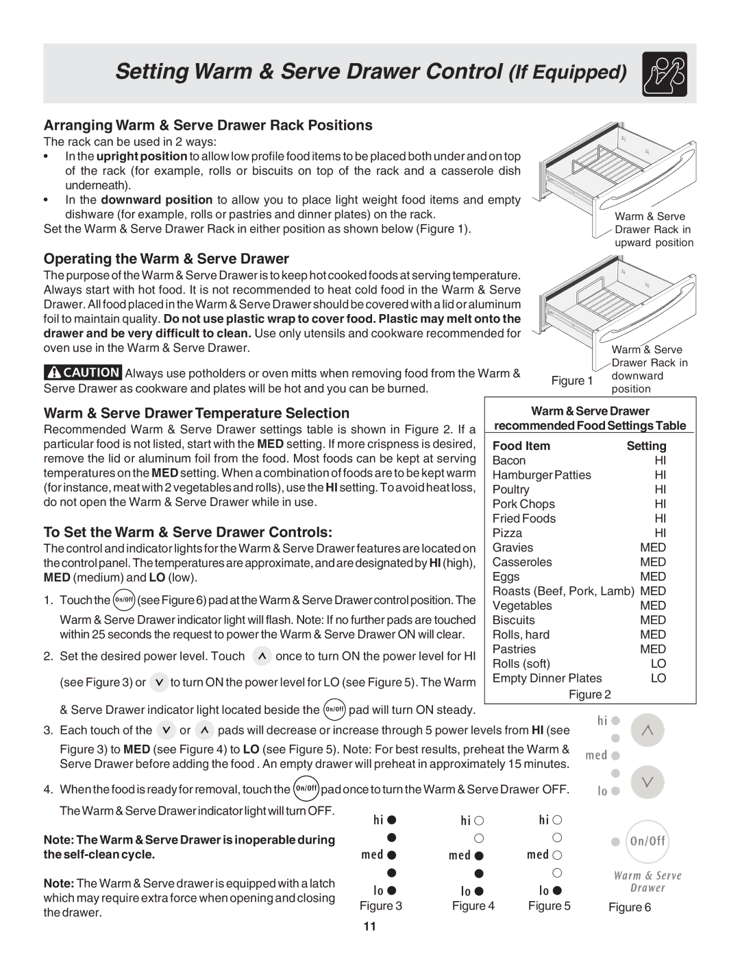 Frigidaire 318203873 manual Setting Warm & Serve Drawer Control If Equipped, Arranging Warm & Serve Drawer Rack Positions 