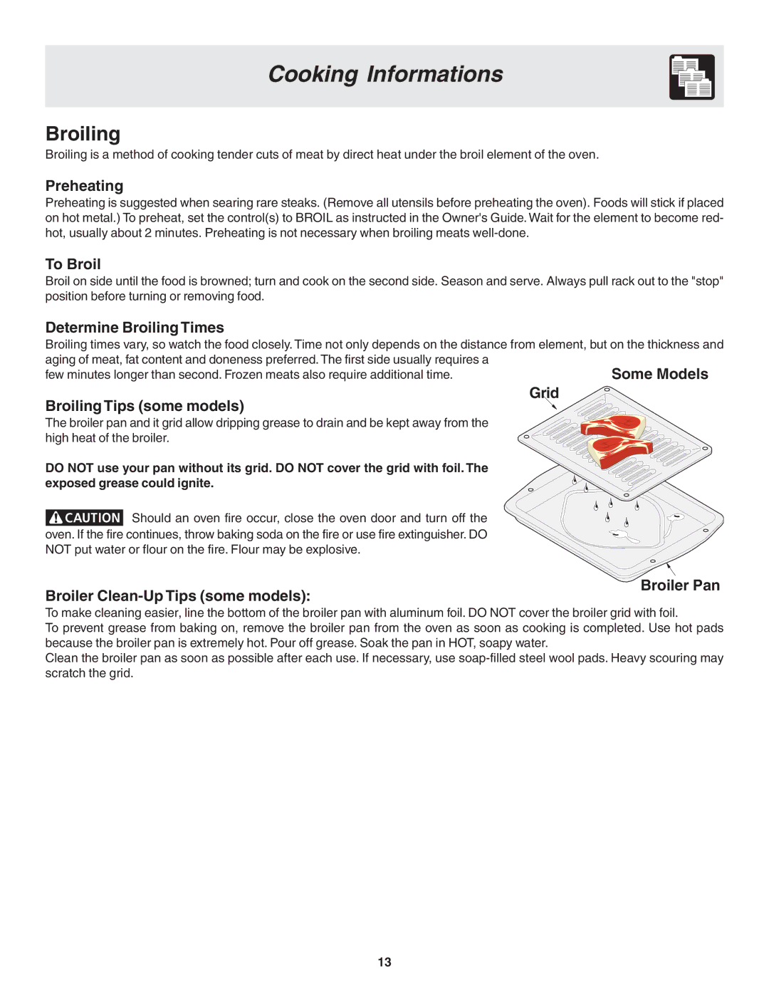 Frigidaire 318203873 manual Broiling 