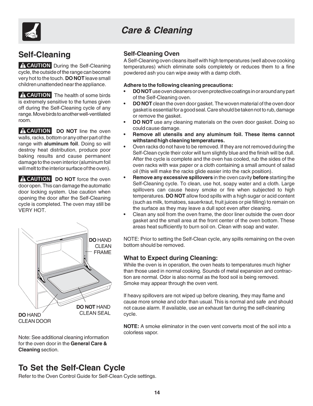 Frigidaire 318203873 Care & Cleaning, To Set the Self-Clean Cycle, Self-Cleaning Oven, What to Expect during Cleaning 