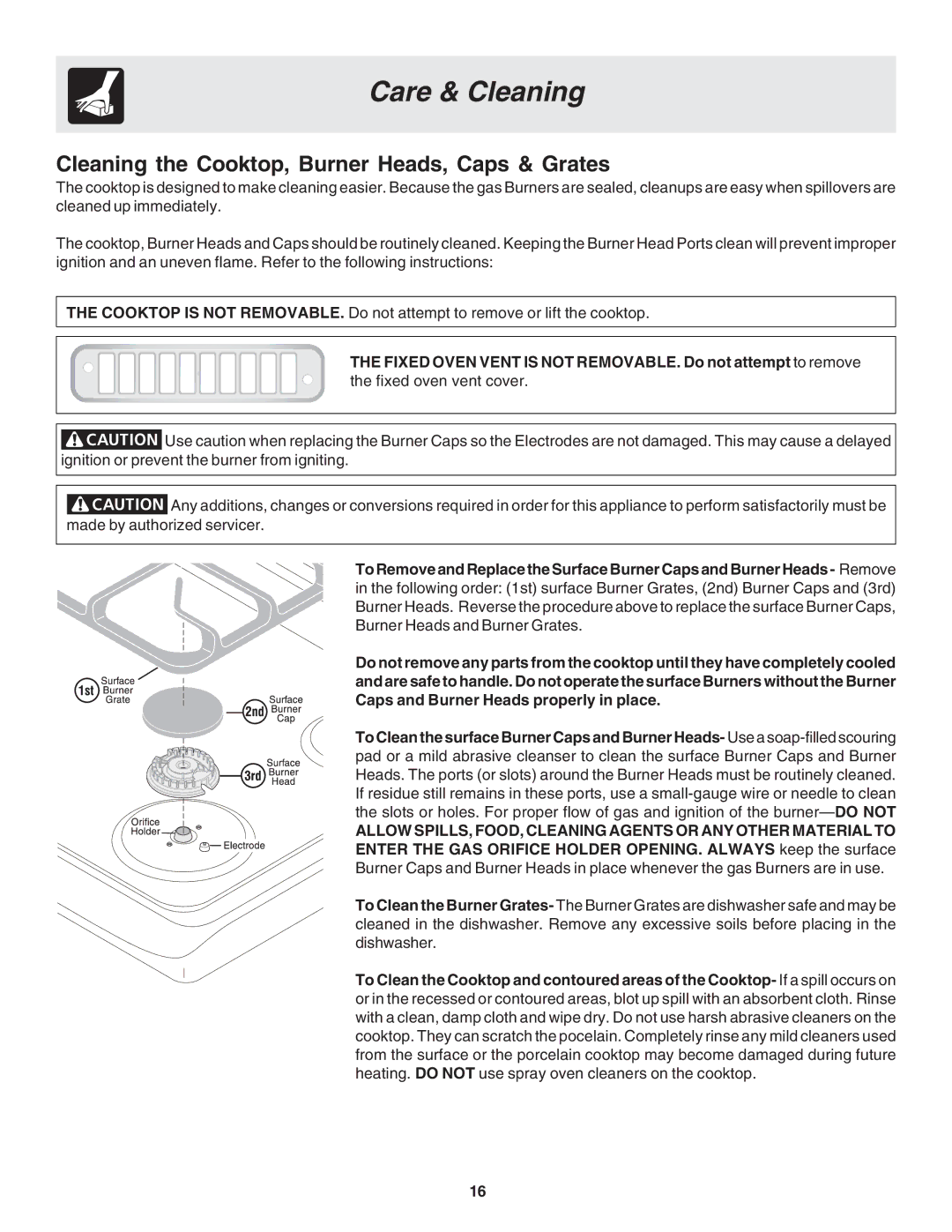 Frigidaire 318203873 manual Cleaning the Cooktop, Burner Heads, Caps & Grates 