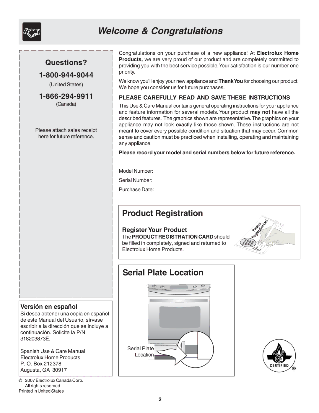 Frigidaire 318203873 manual Welcome & Congratulations, Product Registration, Serial Plate Location, Questions? 