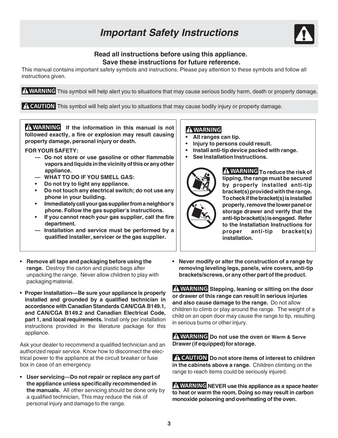 Frigidaire 318203873 manual Important Safety Instructions, For Your Safety, What to do if YOU Smell GAS 