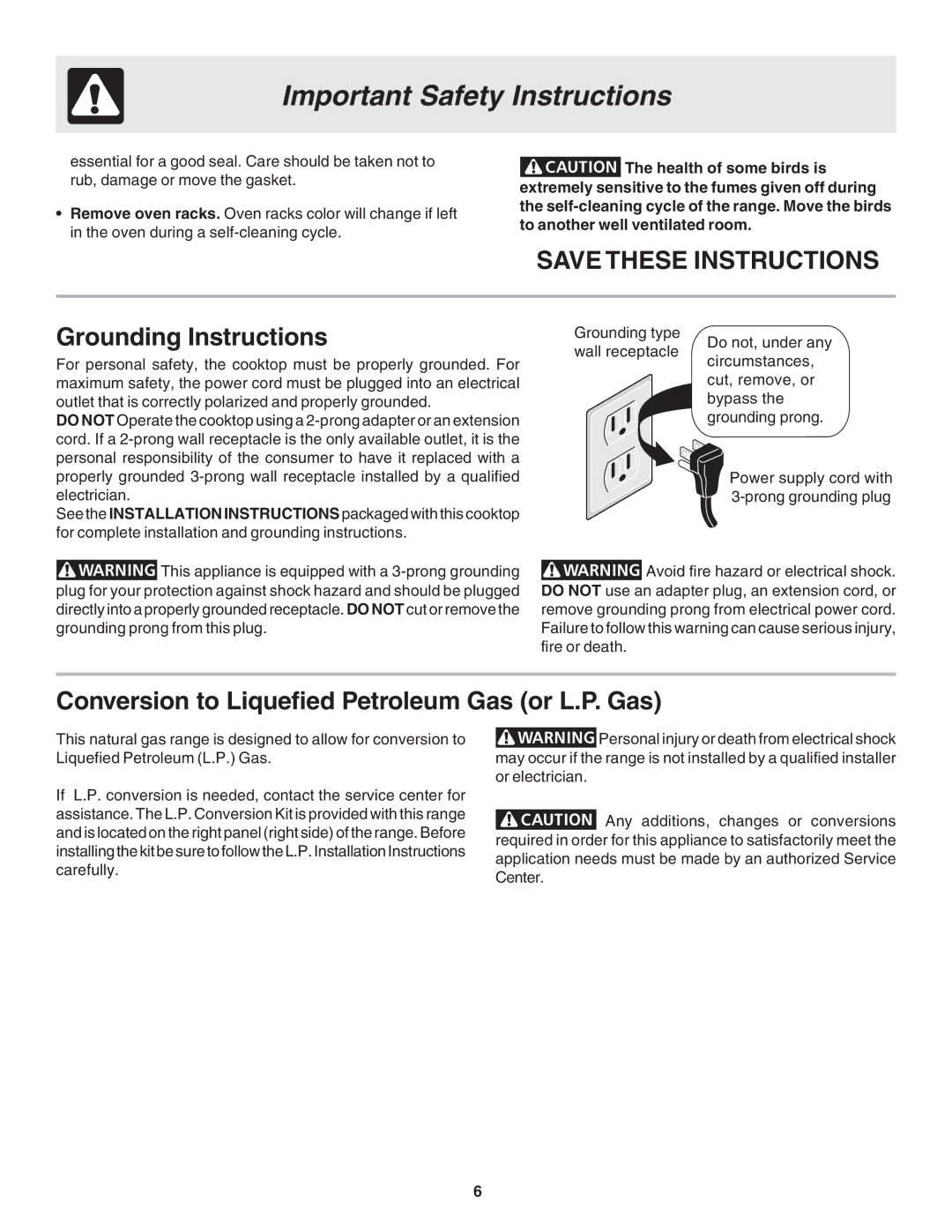 Frigidaire 318203873 manual Grounding Instructions, Conversion to Liquefied Petroleum Gas or L.P. Gas 