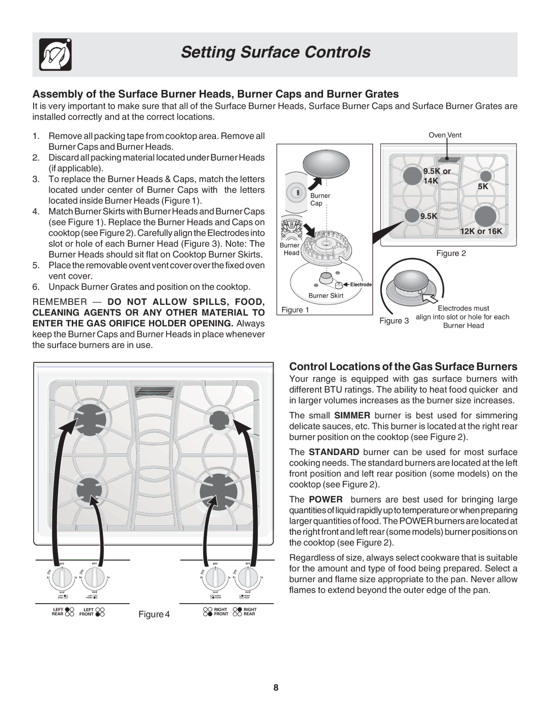 Frigidaire 318203873 manual Setting Surface Controls, Control Locations of the Gas Surface Burners, 5K or 14K 5K 12K or 16K 