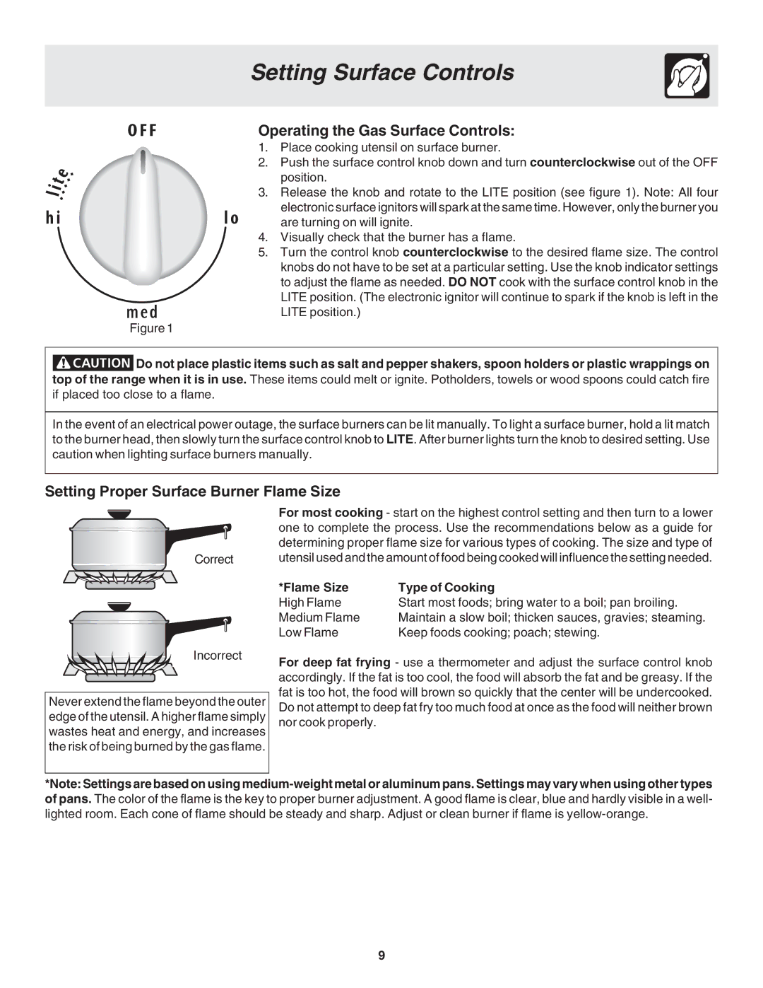 Frigidaire 318203873 manual Operating the Gas Surface Controls, Setting Proper Surface Burner Flame Size 