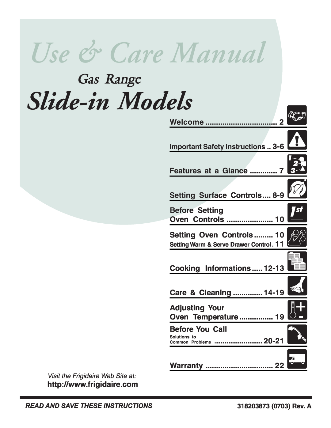 Frigidaire 318203873 manual Slide-in Models, Gas Range 