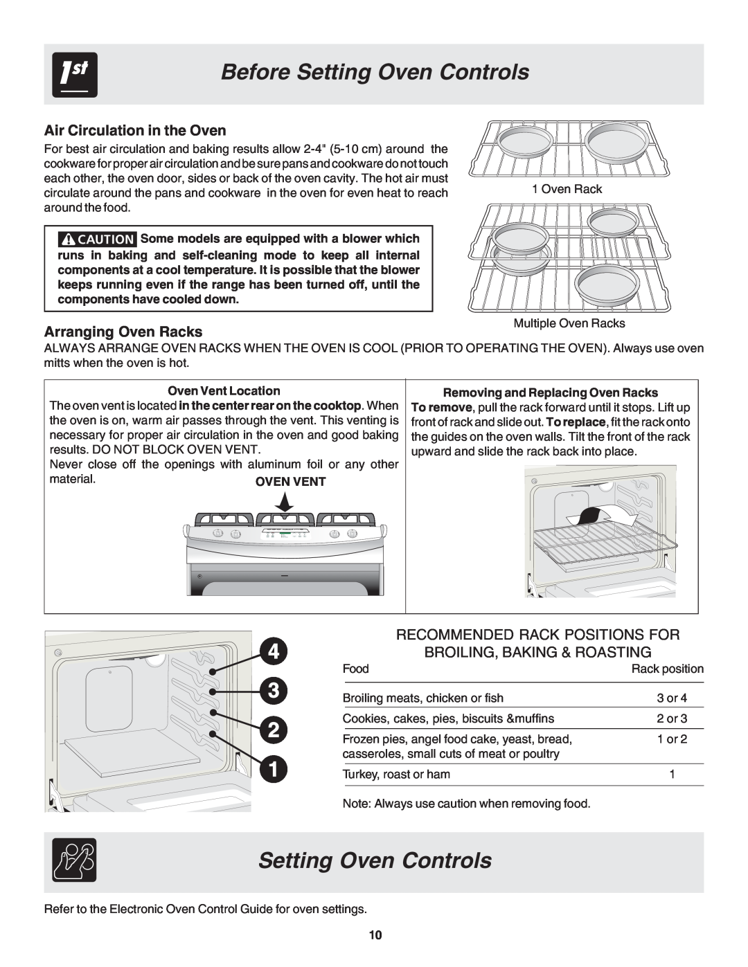 Frigidaire 318203873 Before Setting Oven Controls, Air Circulation in the Oven, Arranging Oven Racks, Oven Vent Location 