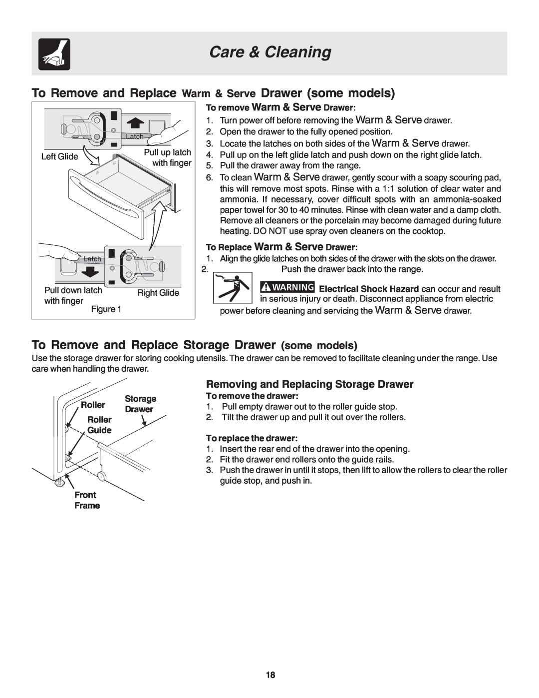 Frigidaire 318203873 manual Care & Cleaning, Removing and Replacing Storage Drawer, To remove Warm & Serve Drawer 