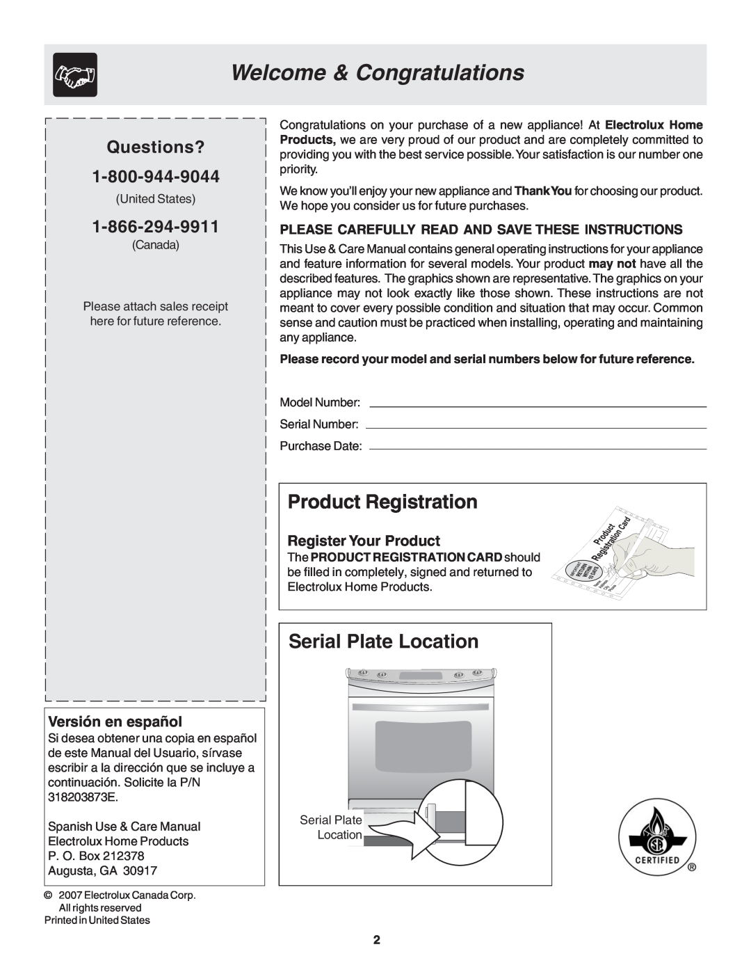 Frigidaire 318203873 manual Welcome & Congratulations, Product Registration, Serial Plate Location, Versión en español 