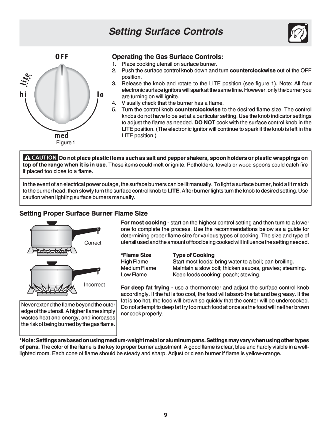 Frigidaire 318203873 manual Setting Surface Controls, Operating the Gas Surface Controls, Flame Size, Type of Cooking 