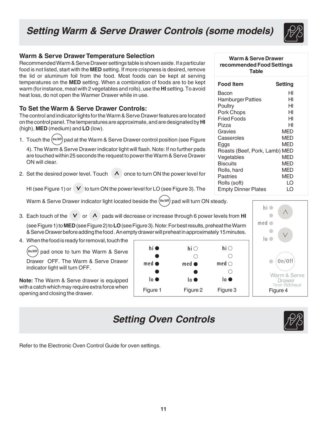 Frigidaire 318203875 warranty Setting Oven Controls, Warm & Serve Drawer Temperature Selection, Food Item 