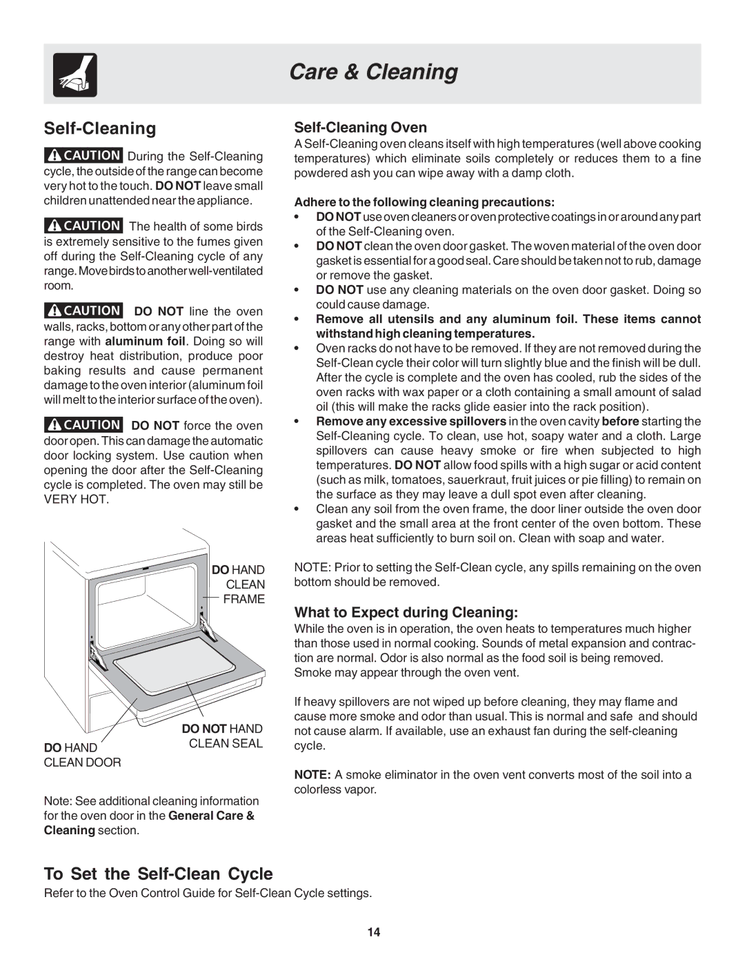 Frigidaire 318203875 Care & Cleaning, To Set the Self-Clean Cycle, Self-Cleaning Oven, What to Expect during Cleaning 