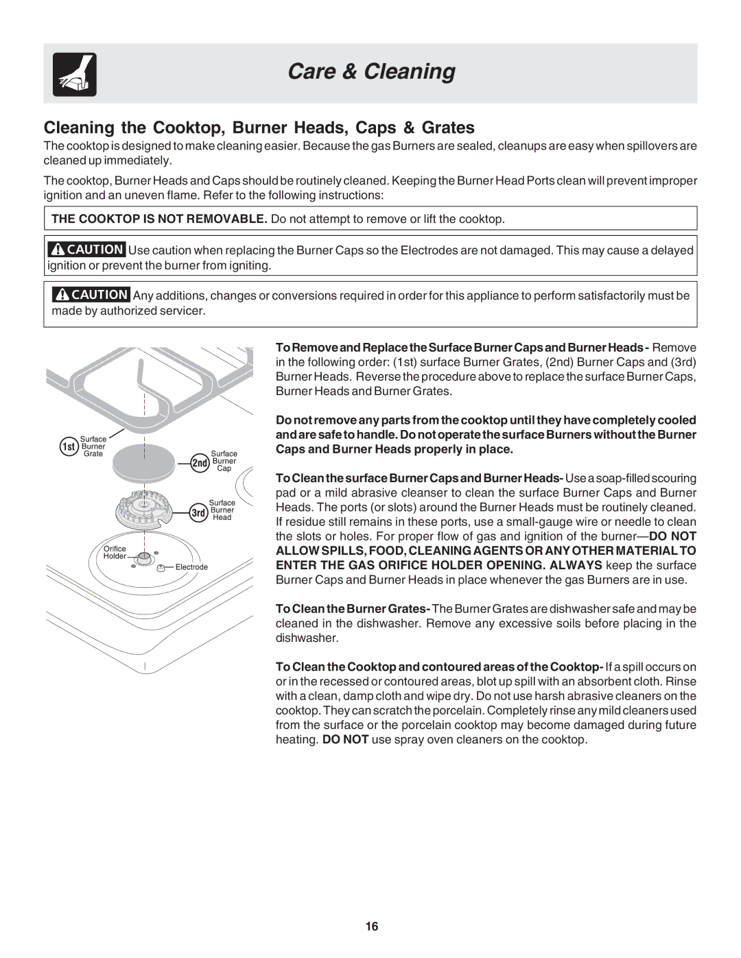 Frigidaire 318203875 warranty Cleaning the Cooktop, Burner Heads, Caps & Grates 